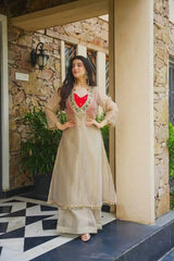 Beige Mirror Work Suit front full-length smiling model – Kalyanja KU293