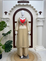 Beige Mirror Work Suit mannequin full-length front with Palazzo – Kalyanja KU293