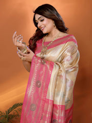 Beige & Pink Paithani Woven Banarasi Silk Saree