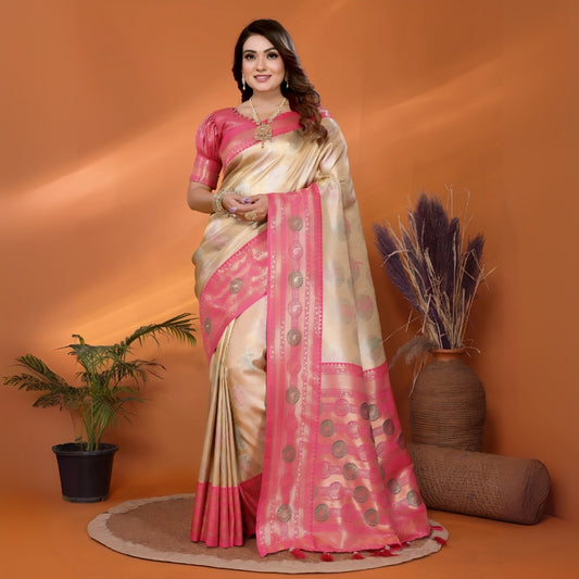 Woman wearing a pink and beige saree with a plant and vase in the background