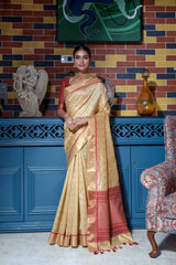 Beige Zari Work Soft Tussar Silk Saree - kalyanja