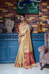 Beige Zari Work Soft Tussar Silk Saree - kalyanja
