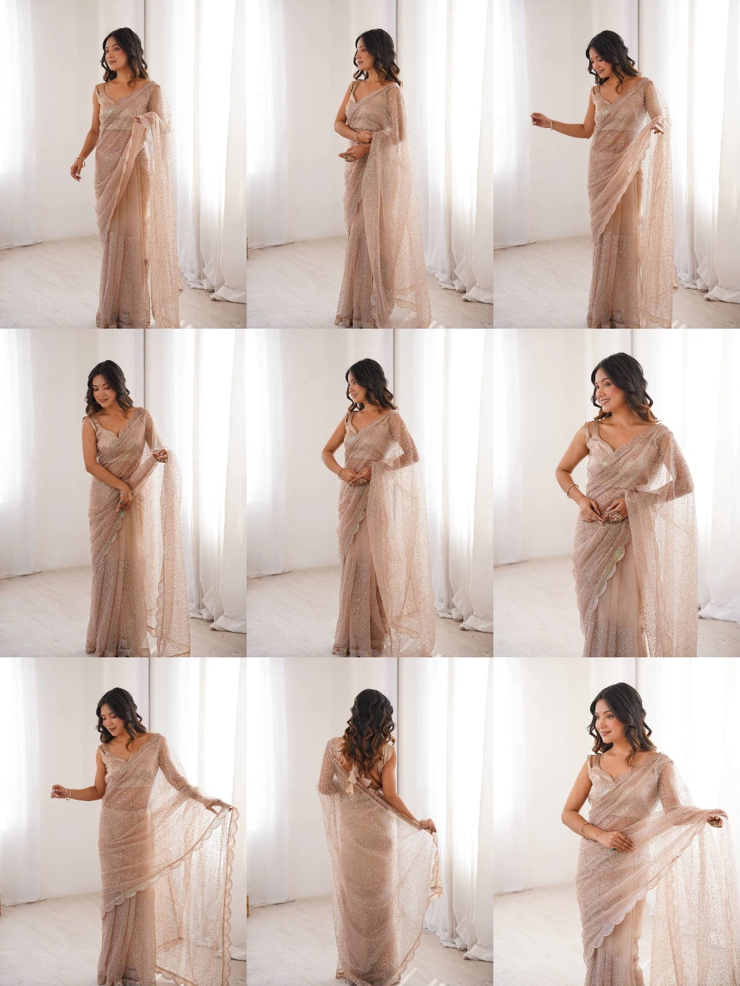 Beige Sequins Embroidered Net Saree – Multiple Style Poses