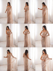 Beige Sequins Embroidered Net Saree – Multiple Style Poses