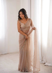 Beige Sequins Embroidered Saree – Full Front Drape View