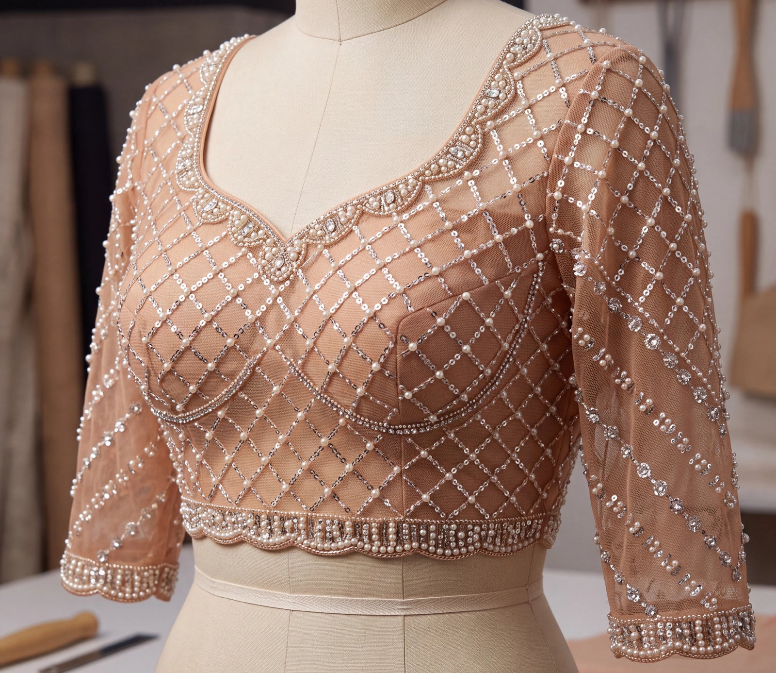 Beige Sequins Embroidered Saree – full drape creative view – KS397