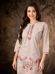 Beige Thread Embroidered Coord Set front bust view Kalyanja KC22