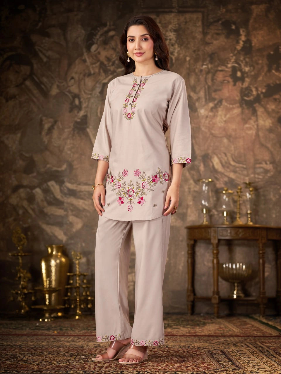 Beige Thread Embroidered Coord Set close up floral work Kalyanja KC22