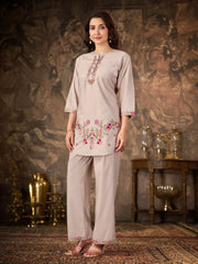 Beige Thread Embroidered Coord Set close up floral work Kalyanja KC22