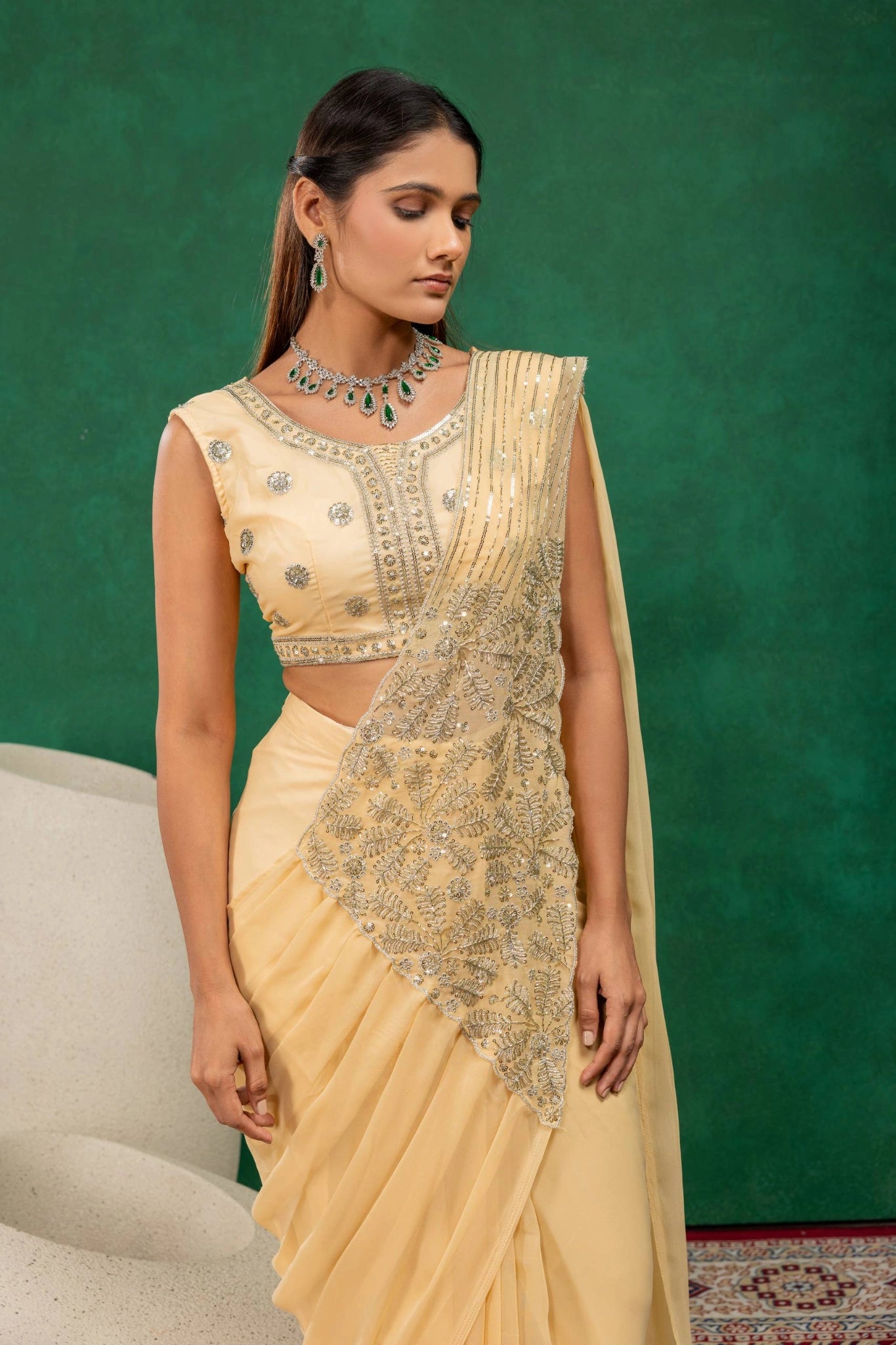 Beige Zari Embroidered Saree KS394 model close-up blouse pallu