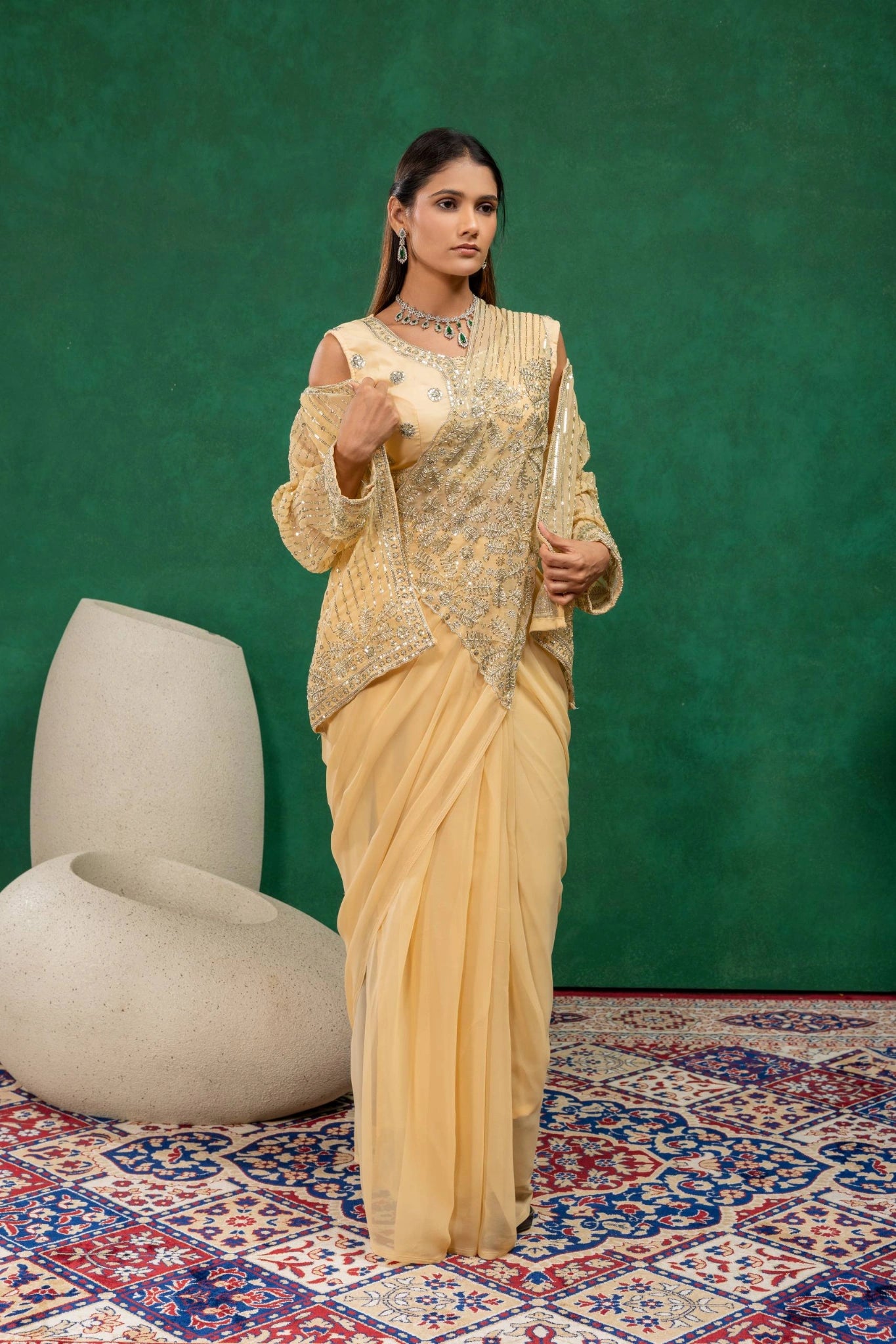 Beige Heavy Embroidered Faux Georgette Saree KS394 model shot