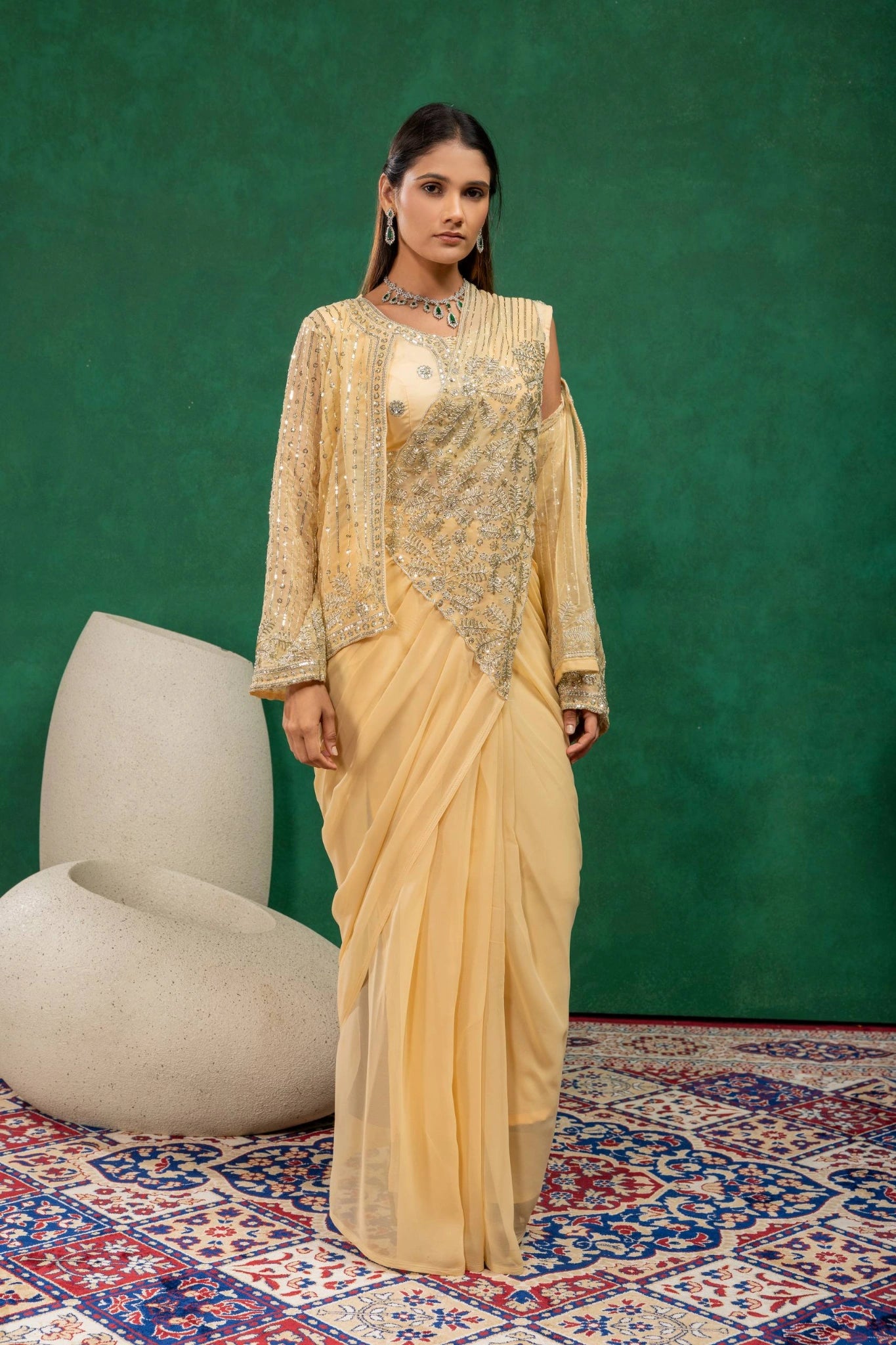 Beige Beads Work Zari Saree KS394 wedding wear