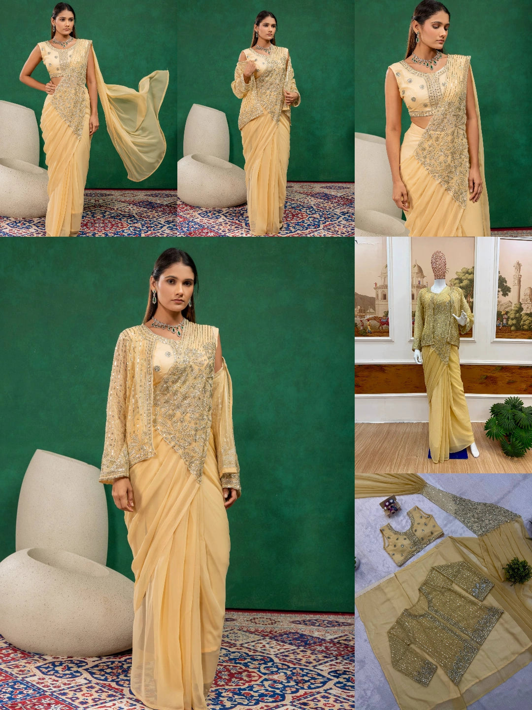 Beige Zari Embroidered Saree KS394 flat lay blouse piece set