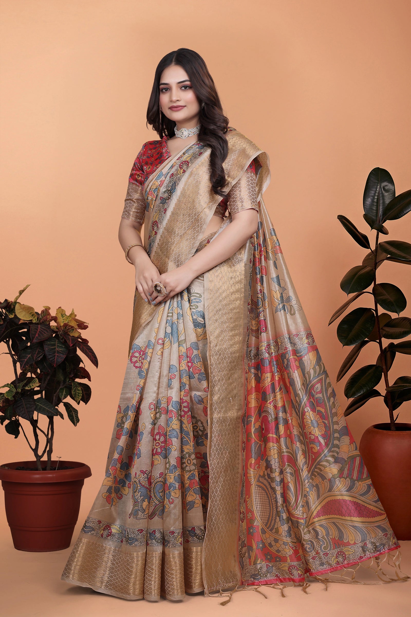 Beige Zari Weaving Saree full front drape with Kalamkari print – Kalyanja KS361
