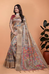 Beige Zari Weaving Saree alt front view showing printed pallu – Kalyanja KS361