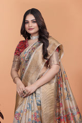 Beige Zari Weaving Saree upper body close-up Premium Crystal – Kalyanja KS361