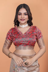 Beige Zari Weaving Saree blouse close-up with Kalamkari blouse piece – Kalyanja KS361