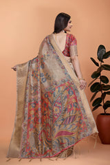 Beige Zari Weaving Saree back view showing printed Kalamkari pallu – Kalyanja KS361