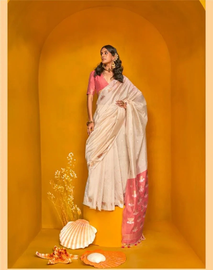 Beige Printed Tussar Silk Saree for Women