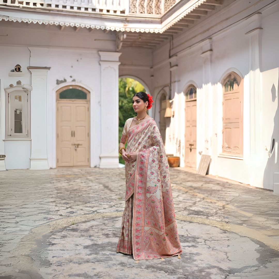 Beige Zari Work Soft Pashmina Silk Saree