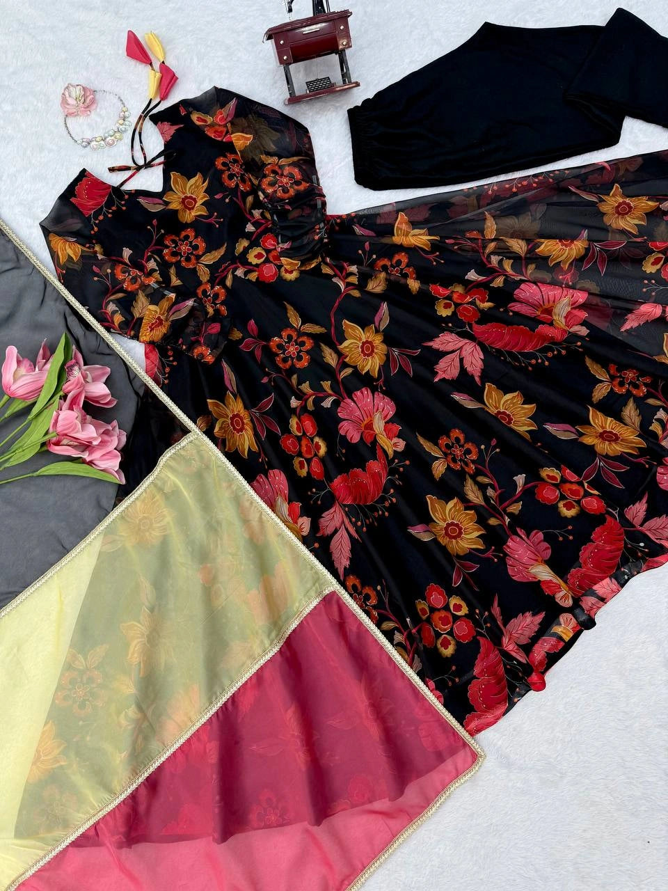 Black Digital Floral Print Anarkali Suit flat lay with Straight Pant – Kalyanja KU291