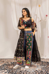Black Embroidered Coord Set Mirror Work Blouse Front Side View KC24