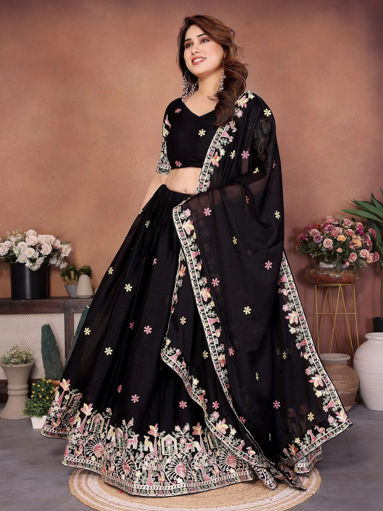 Black Star Georgette Lehenga 4.5m flair with colorful dupatta – Kalyanja KL171