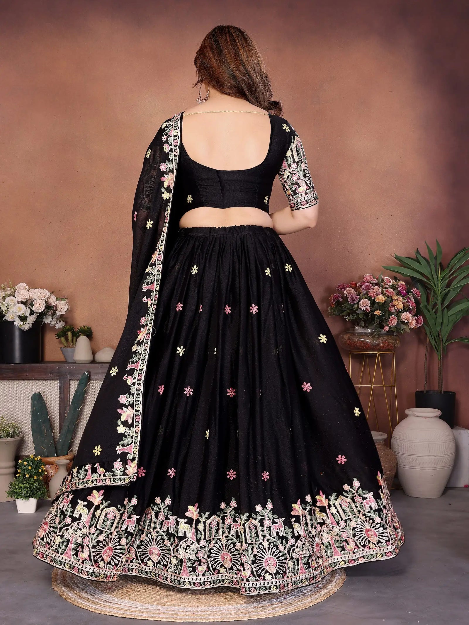 Black Embroidered Cut Work Lehenga standing flair view – Kalyanja KL171
