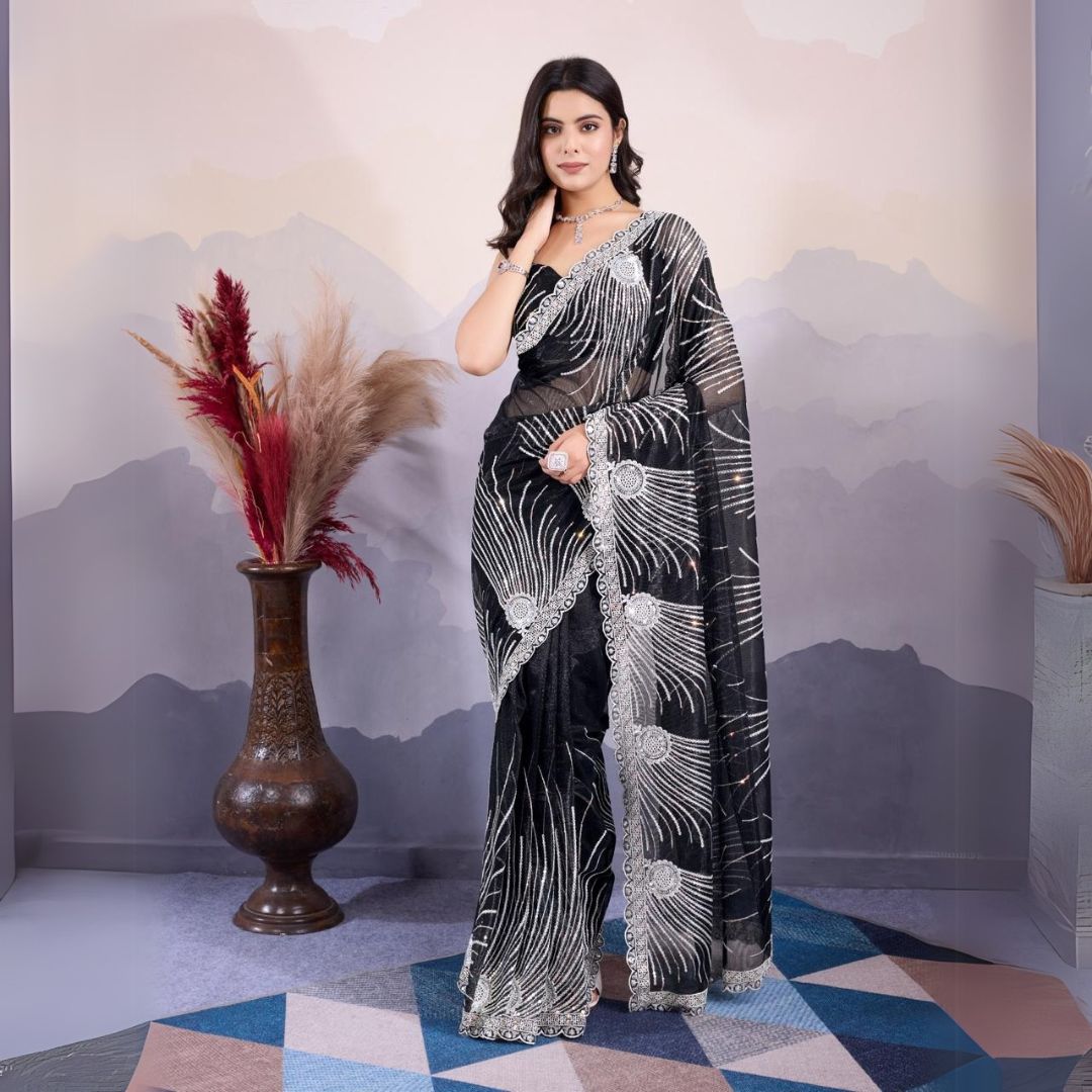 Black Embroidery With Sequins Work Twill Net Saree