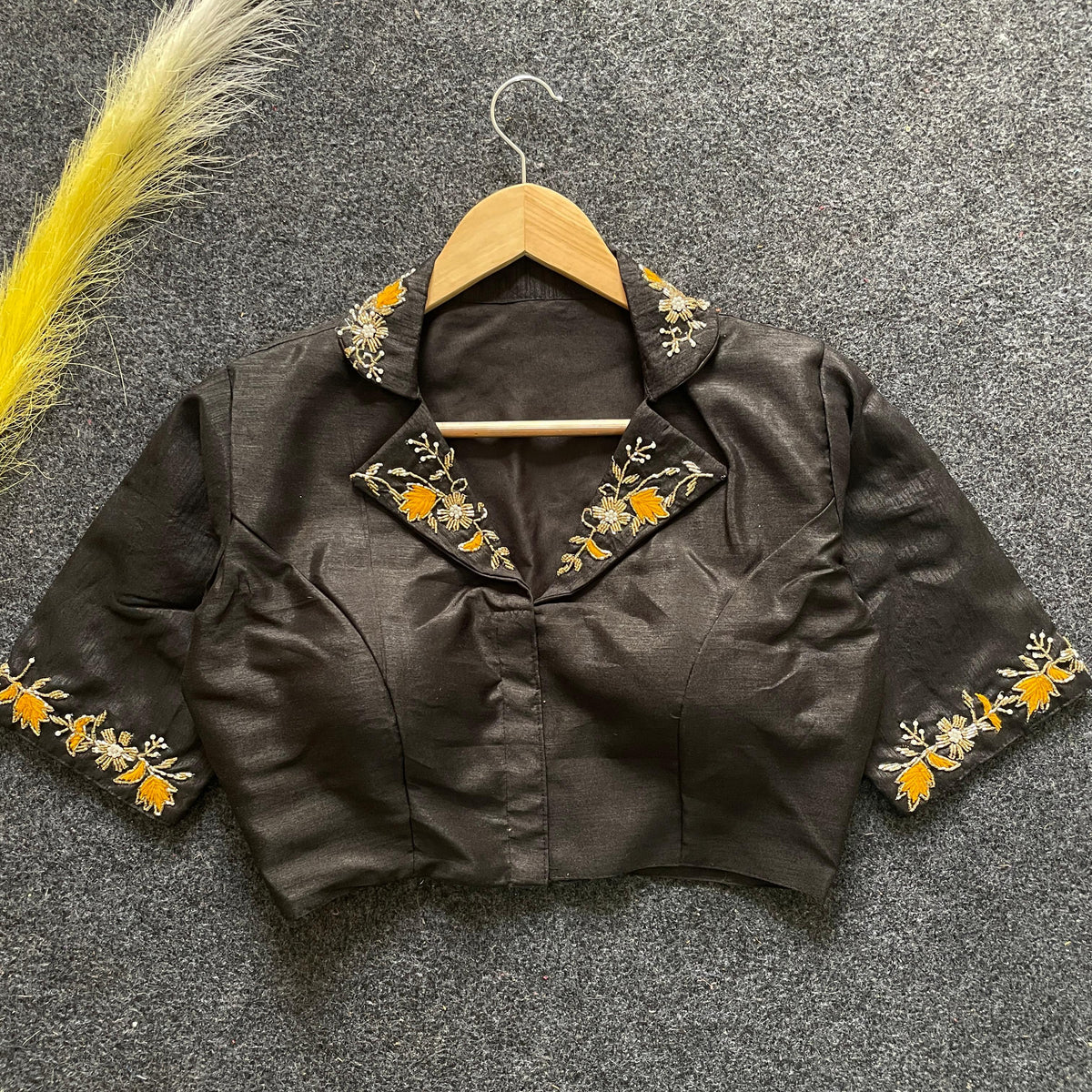 Black embroidery work Banglori silk blouse with elegant design, perfect for reception, sangeet, and festive occasions.