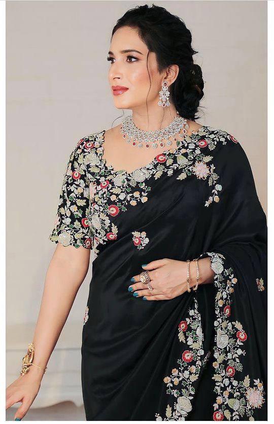 Black Embroidery Work Georgette Saree - kalyanja
