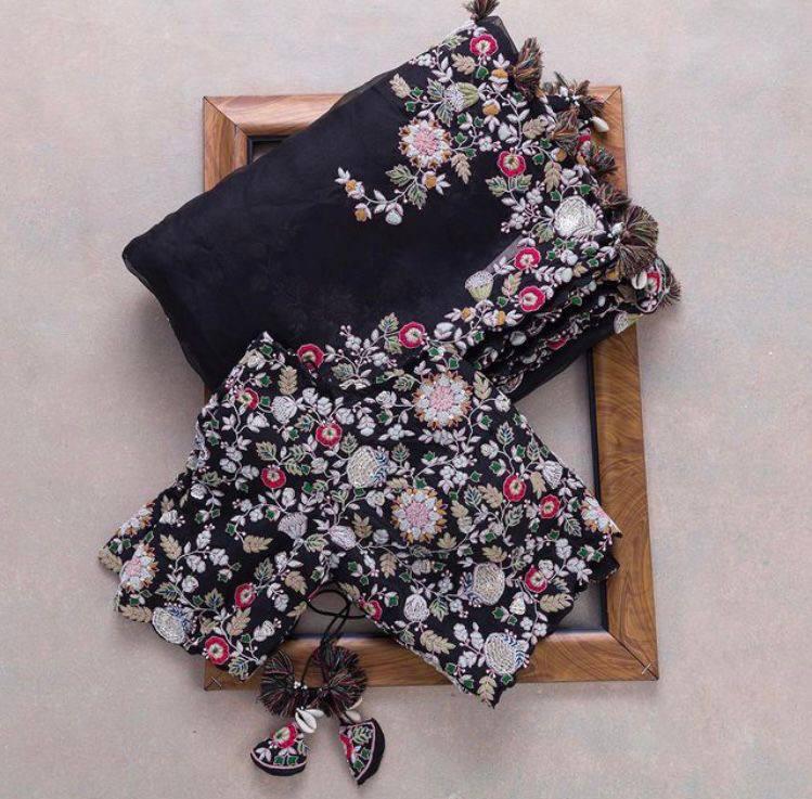 Black Embroidery Work Georgette Saree - kalyanja
