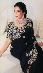 Black Embroidery Work Georgette Saree - kalyanja