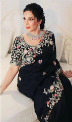 Black Embroidery Work Georgette Saree - kalyanja