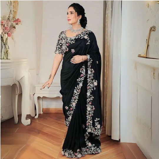 Black Embroidery Work Georgette Saree - kalyanja