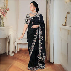 Black Embroidery Work Georgette Saree - kalyanja
