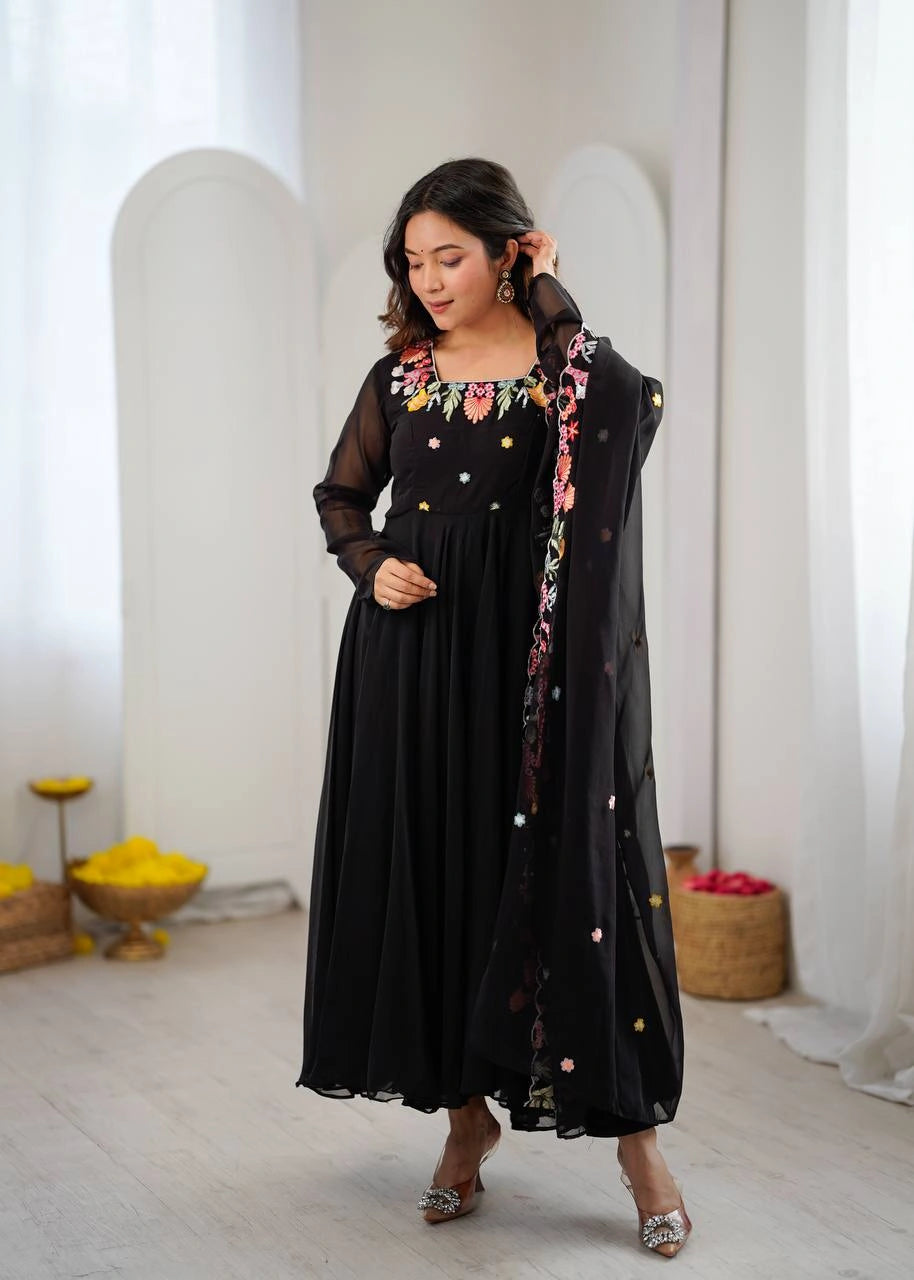 Black Floral Embroidered Anarkali Suit full-length model looking down – Kalyanja KU302