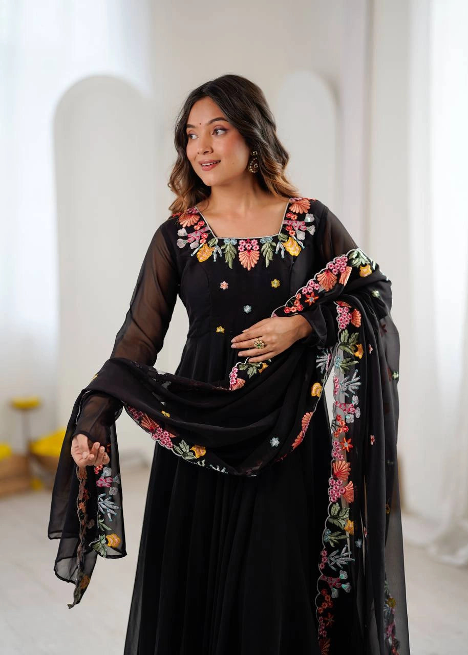 Black Floral Embroidered Anarkali Suit model shot 7 – Kalyanja KU302