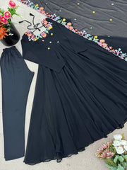 Black Floral Embroidered Anarkali Suit flat lay full set with pant and dupatta – Kalyanja KU302
