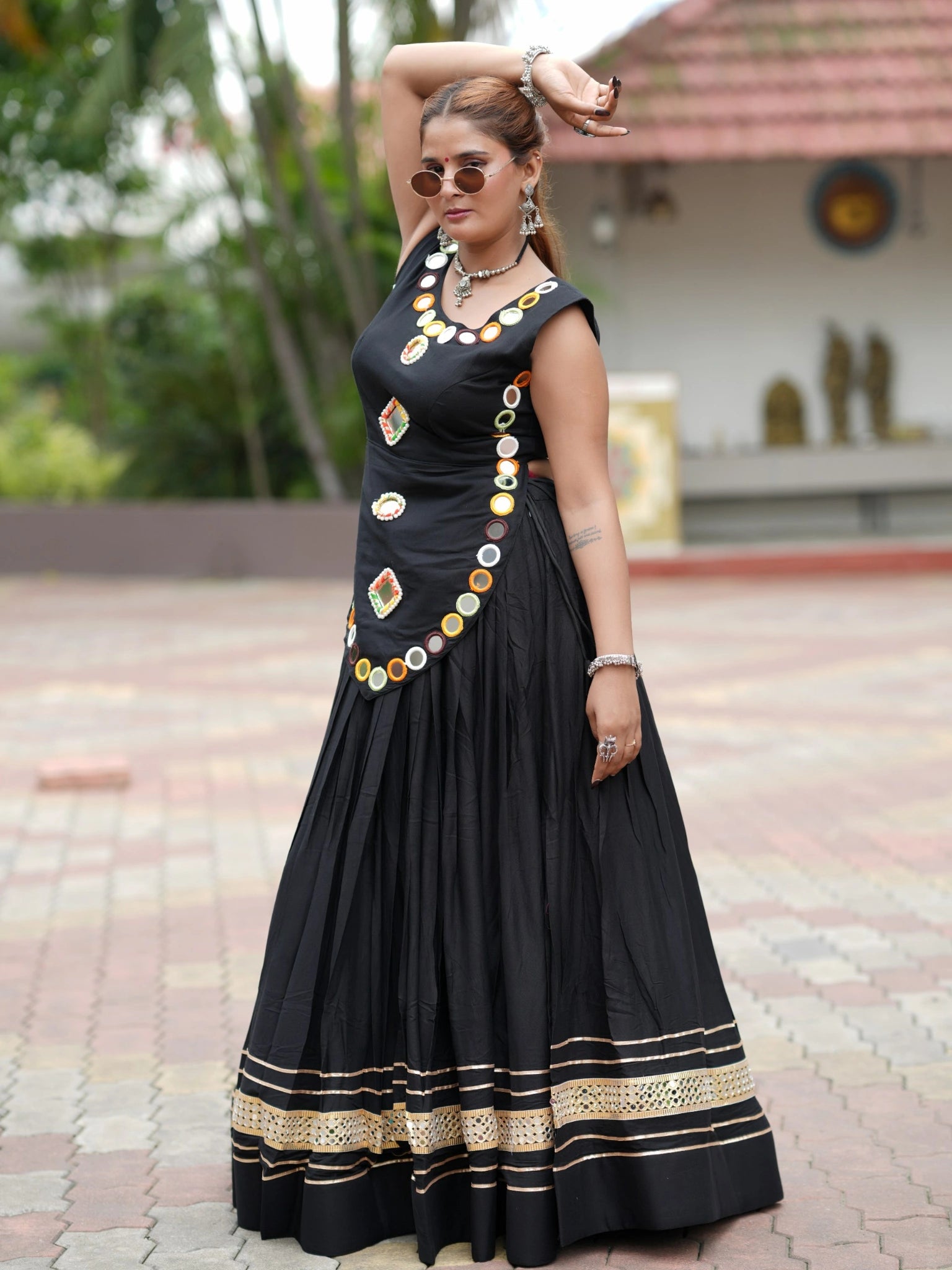 Black Gota Patti Lehenga Side Flair Arms Raised – KL199 – Kalyanja