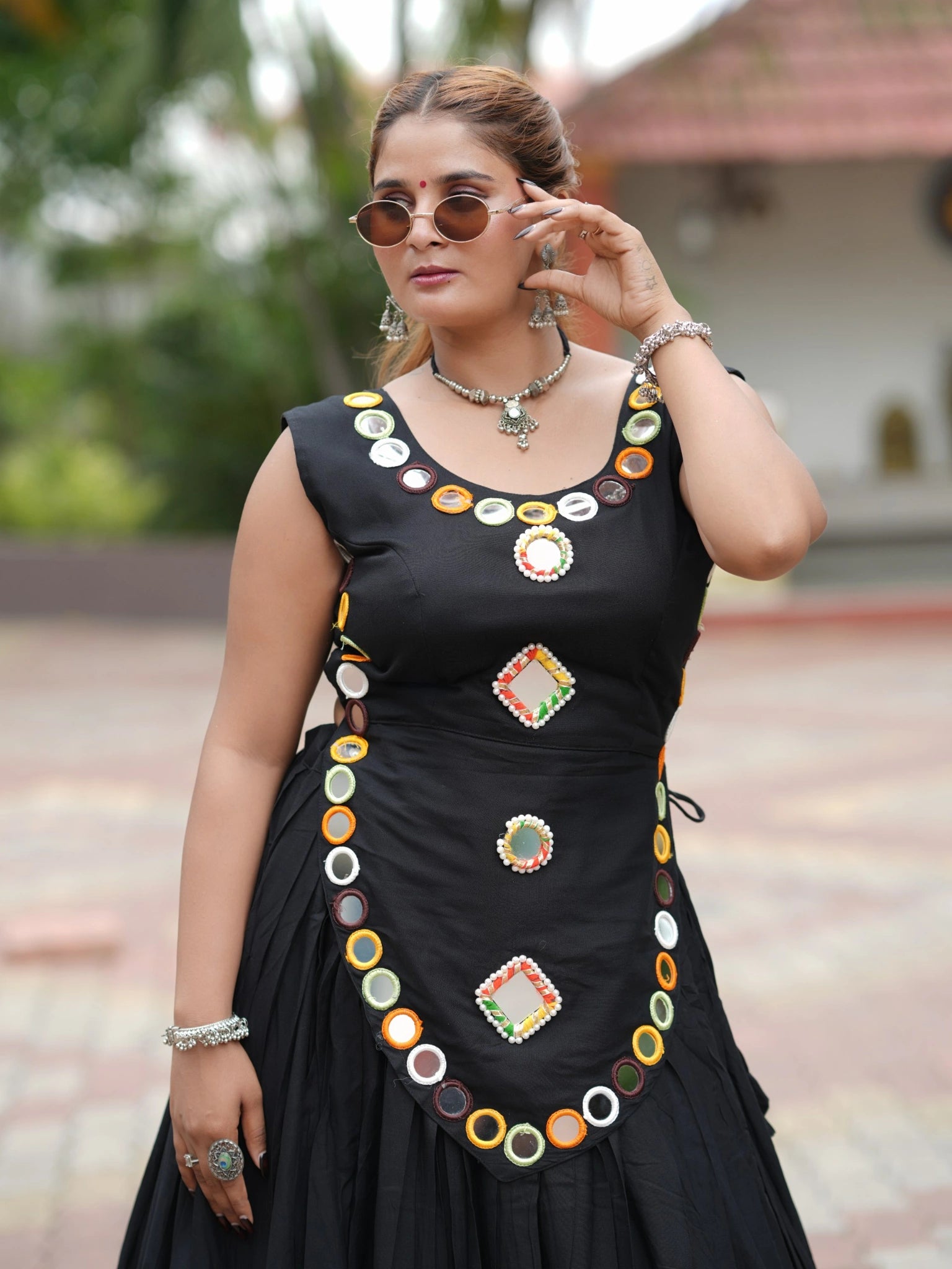 Black Lehenga Mirror Lace Choli U-Neck Close Up – KL199 – Kalyanja