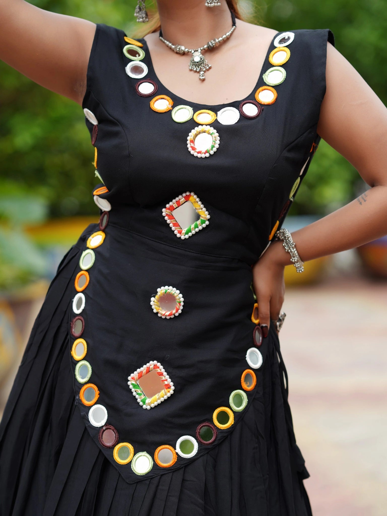 Black Lehenga Choli Mirror Panel Front Detail – KL199 – Kalyanja