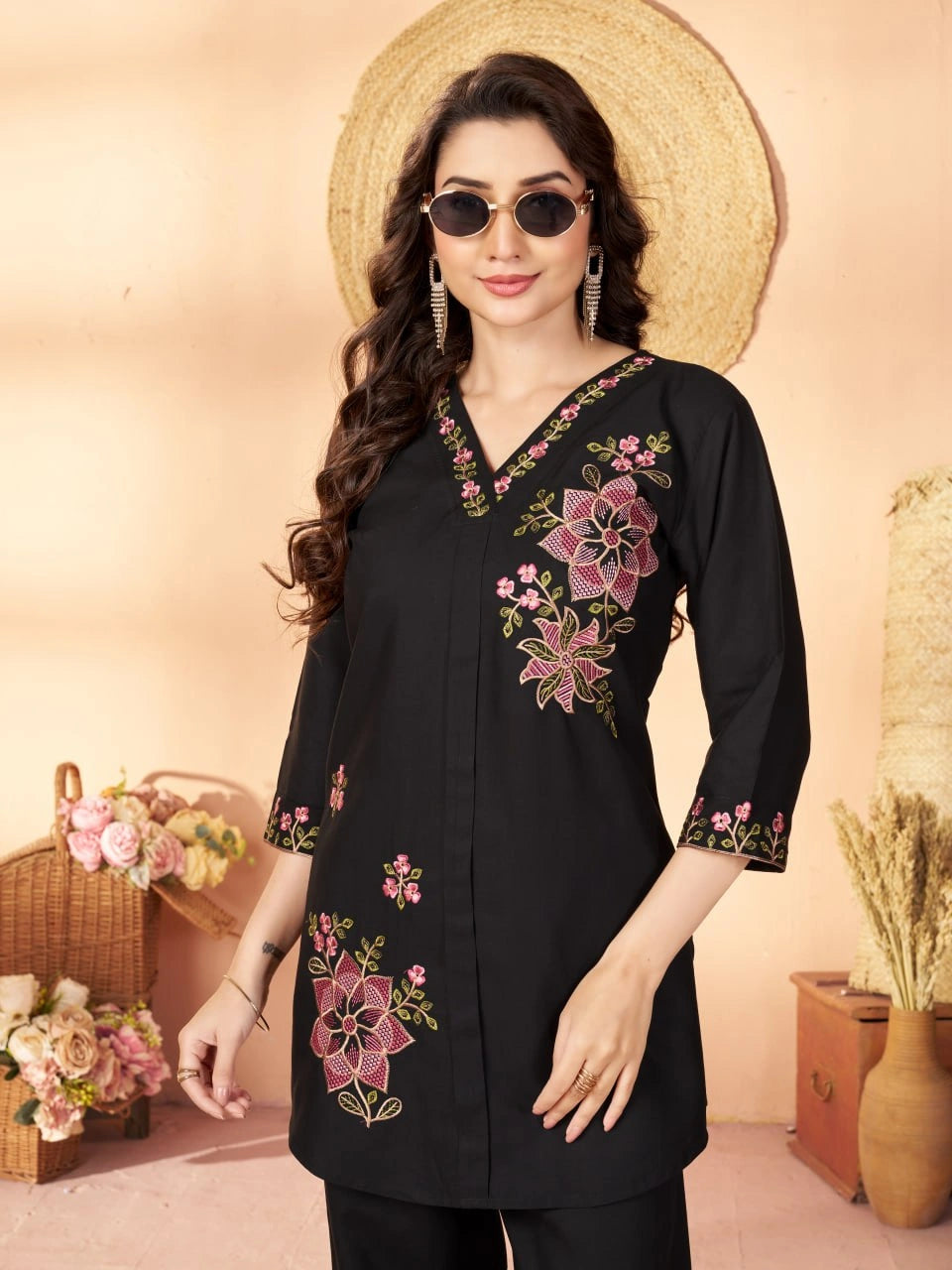 black multi thread embroidered coord set kalyanja kc12 upper body close up