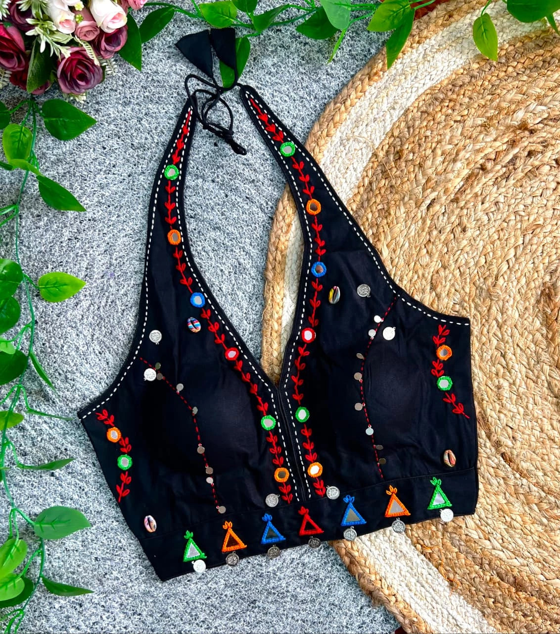 Black Multi Thread with Mirror Work Blouse – Kalyanja KB44