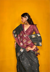 Black Printed Tussar Silk Saree for Women - kalyanja