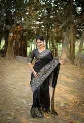 Black Gala Border Pattern Raw Silk Saree - kalyanja