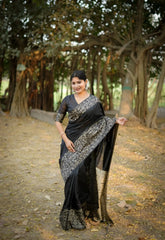 Black Gala Border Pattern Raw Silk Saree - kalyanja