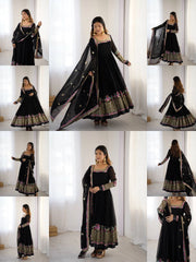 Black Sequins Embroidered Anarkali Suit panoramic flatlay KU264