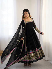 Black Anarkali Suit floral moti embroidery neckline close up KU264