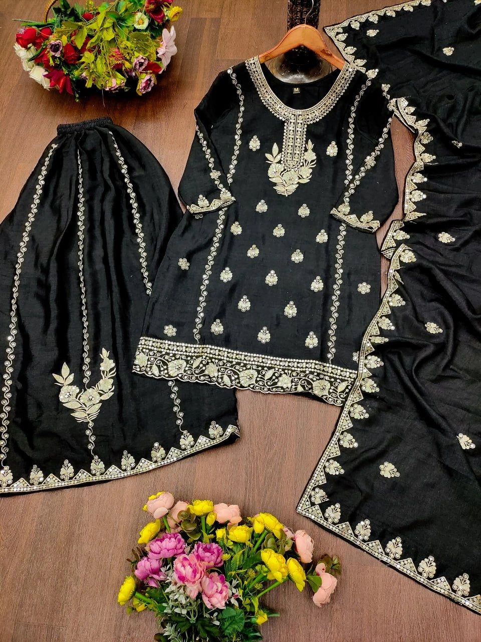 Black Chinon Blend Sharara Suit flat lay full 3-piece set sharara and dupatta